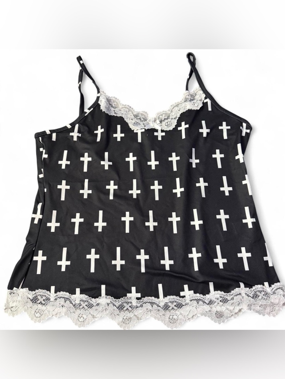 Women's Black Lace-Trim Cami Tank Top with White Cross Print brand new